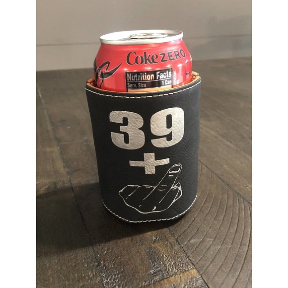 40 Birthday - 39 + Middle Finger Black Leather Koozie - New -Funny Gift - Forty - Picture 2 of 3